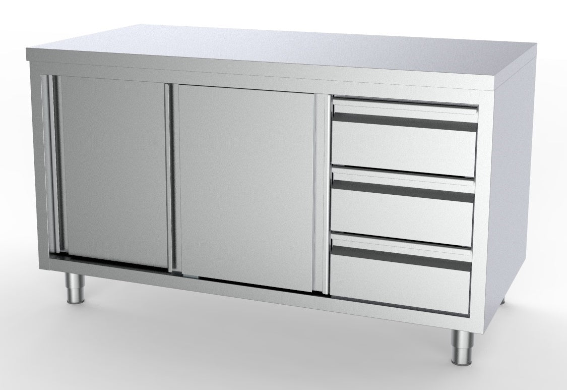 Combisteel Stainless Steel Table 70cm Depth - Adjustable Height - with Cabinets and 1/1 GN Drawers (Right) - Sliding Doors - RVSVoordeel