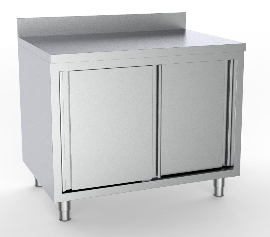 Combisteel Stainless Steel Table 70cm Depth - Adjustable Height - with Cabinets and Backsplash - Sliding Doors - RVSVoordeel