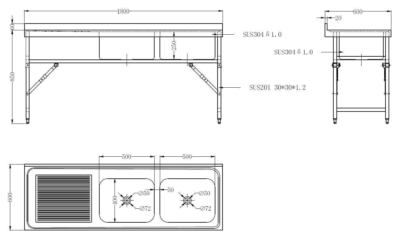 Combisteel Stainless Steel Table with Sink 60cm Depth - Sink Right - with Storage Shelf - Foldable - RVSVoordeel