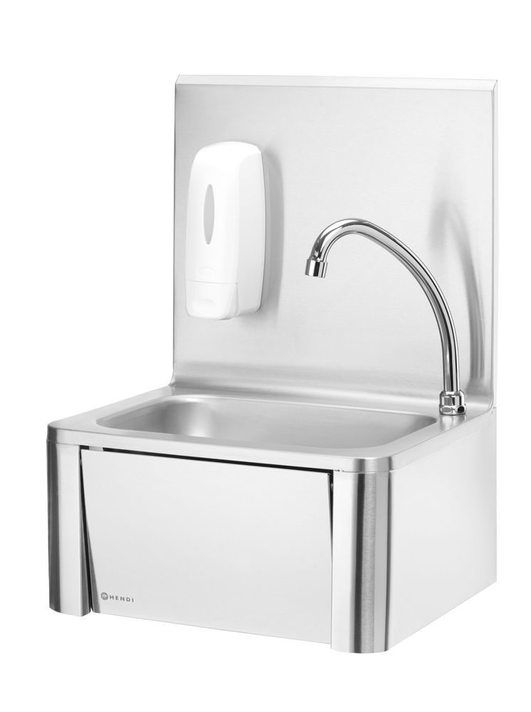 Hendi Stainless Steel Sink with Tap - Knee Operated - with Backsplash and Soap Dispenser - RVSVoordeel