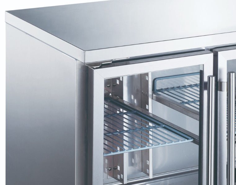 Maxima Counter Fridge 136cm Width on Wheels - 2 Glass Doors - 2 Adjustable Shelves (GN) - RVSVoordeel