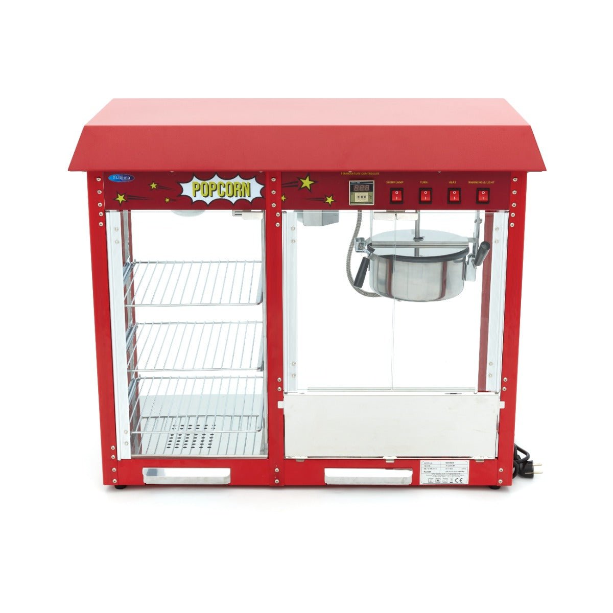Maxima Popcorn Machine with Heated Showcase + - 3kg Popcorn per hour - RVSVoordeel