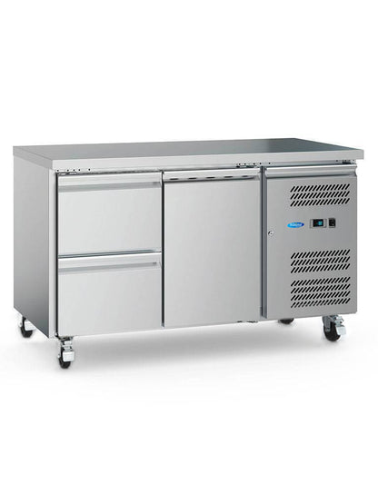 Maxima Counter Fridge 136cm Width on Wheels - 2 Doors - 2 Adjustable Shelves (GN)