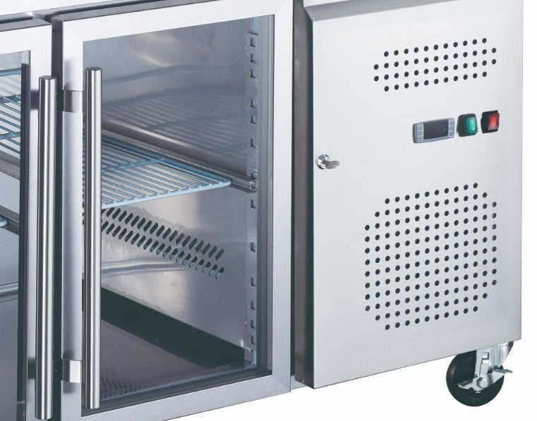 Maxima Counter Fridge 136cm Width on Wheels - 2 Glass Doors - 2 Adjustable Shelves (GN)