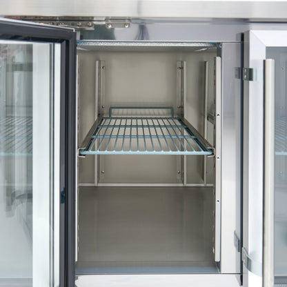 Maxima Counter Fridge 223cm Width on Wheels - 4 Glass Doors - 4 Adjustable Shelves (GN)