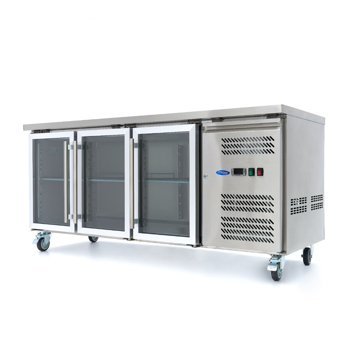 Maxima Counter Fridge 180cm Width on Wheels - 3 Glass Doors - 3 Adjustable Shelves (GN)