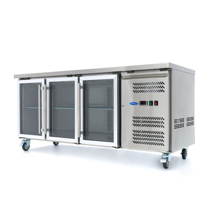 Maxima Counter Fridge 180cm Width on Wheels - 3 Glass Doors - 3 Adjustable Shelves (GN)