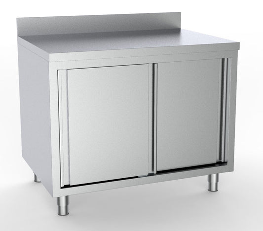 Combisteel Stainless Steel Table 60cm Depth - Adjustable Height - with Cabinets and Backsplash - Sliding Doors - RVSVoordeel
