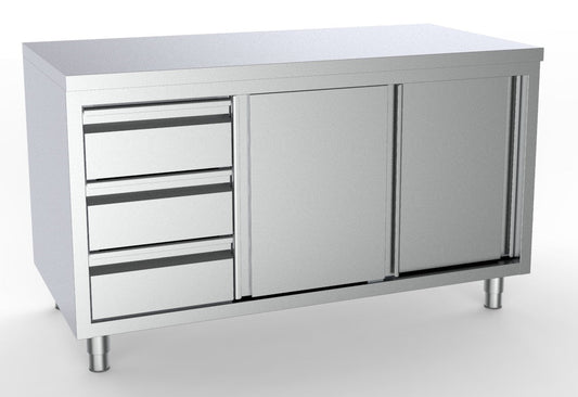 Combisteel Stainless Steel Table 70cm Depth - Adjustable Height - with Cabinets and 1/1 GN Drawers (Left) - Sliding Doors - RVSVoordeel