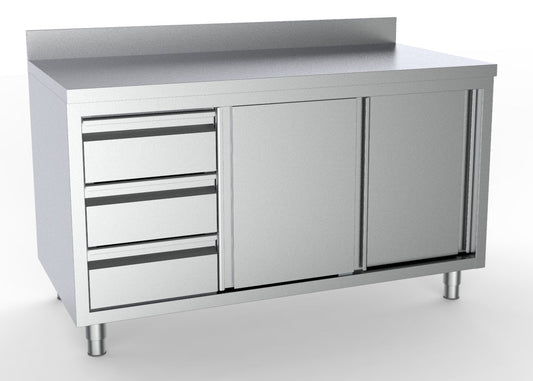 Combisteel Stainless Steel Table 70cm Depth - Adjustable Height - with Cabinets and 1/1 GN Drawers (Left) - with Backsplash - Sliding Doors - RVSVoordeel