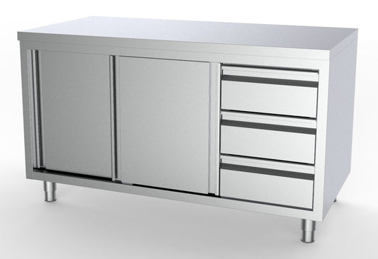 Combisteel Stainless Steel Table 70cm Depth - Adjustable Height - with Cabinets and 1/1 GN Drawers (Right) - Sliding Doors - RVSVoordeel