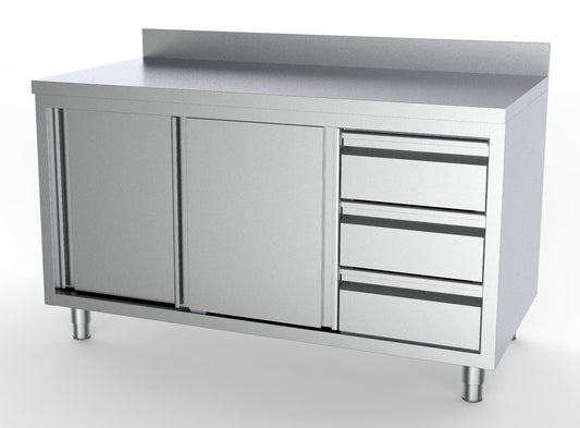 Combisteel Stainless Steel Table 70cm Depth - Adjustable Height - with Cabinets and 1/1 GN Drawers (Right) - with Backsplash - Sliding Doors - RVSVoordeel