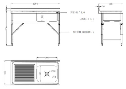 Combisteel Stainless Steel Table with Sink 60cm Depth - Sink Right - with Storage Shelf - Foldable - RVSVoordeel