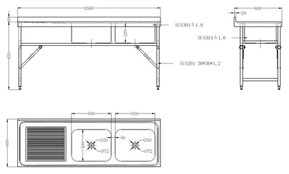 Combisteel Stainless Steel Table with Sink 60cm Depth - Sink Right - with Storage Shelf - Foldable - RVSVoordeel