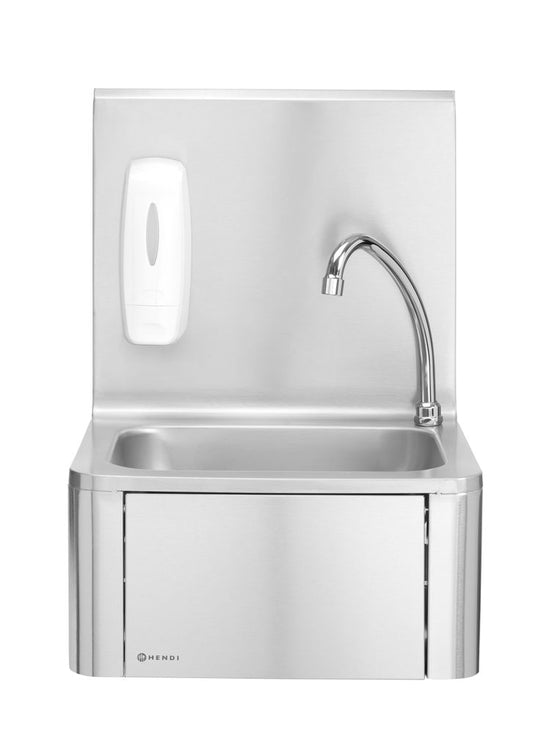 Hendi Stainless Steel Sink with Tap - Knee Operated - with Backsplash and Soap Dispenser - RVSVoordeel