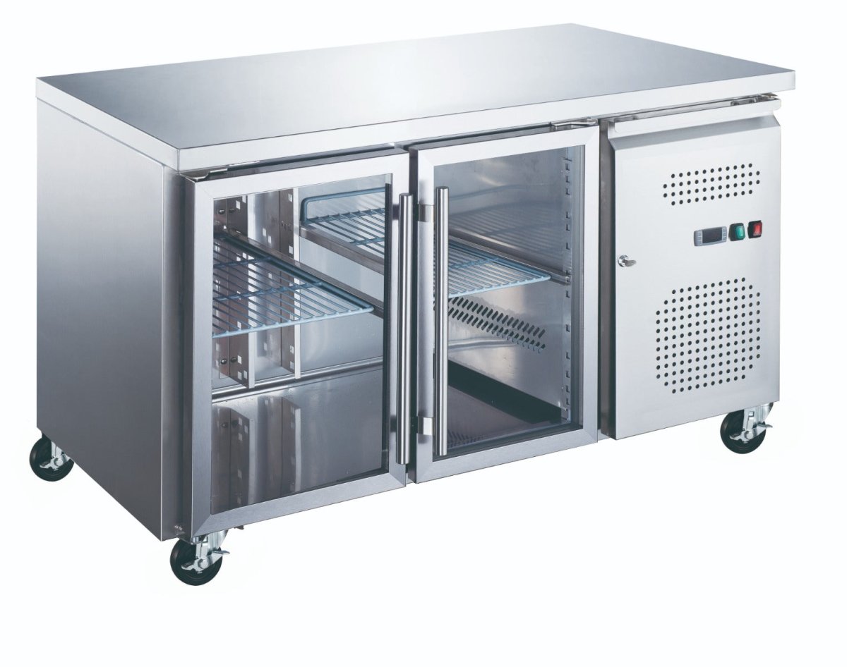 Maxima Counter Fridge 136cm Width on Wheels - 2 Glass Doors - 2 Adjustable Shelves (GN) - RVSVoordeel