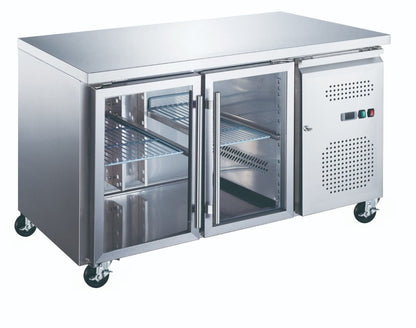 Maxima Counter Fridge 136cm Width on Wheels - 2 Glass Doors - 2 Adjustable Shelves (GN) - RVSVoordeel