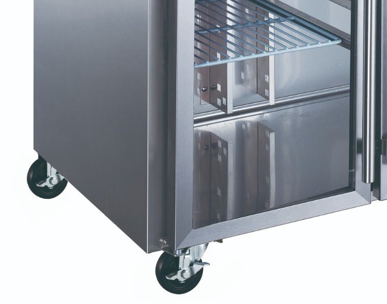Maxima Counter Fridge 136cm Width on Wheels - 2 Glass Doors - 2 Adjustable Shelves (GN) - RVSVoordeel