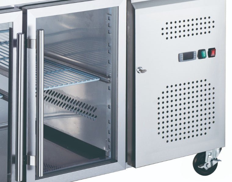 Maxima Counter Fridge 136cm Width on Wheels - 2 Glass Doors - 2 Adjustable Shelves (GN) - RVSVoordeel