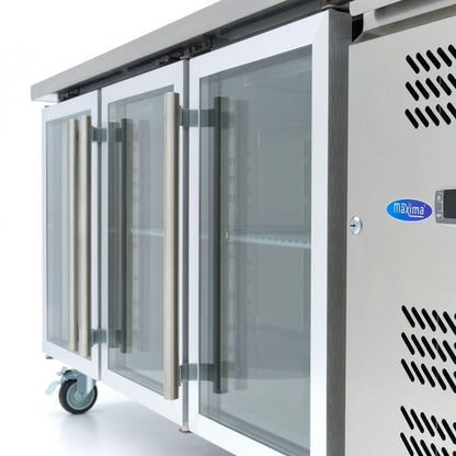 Maxima Counter Fridge 180cm Width on Wheels - 3 Glass Doors - 3 Adjustable Shelves (GN) - RVSVoordeel