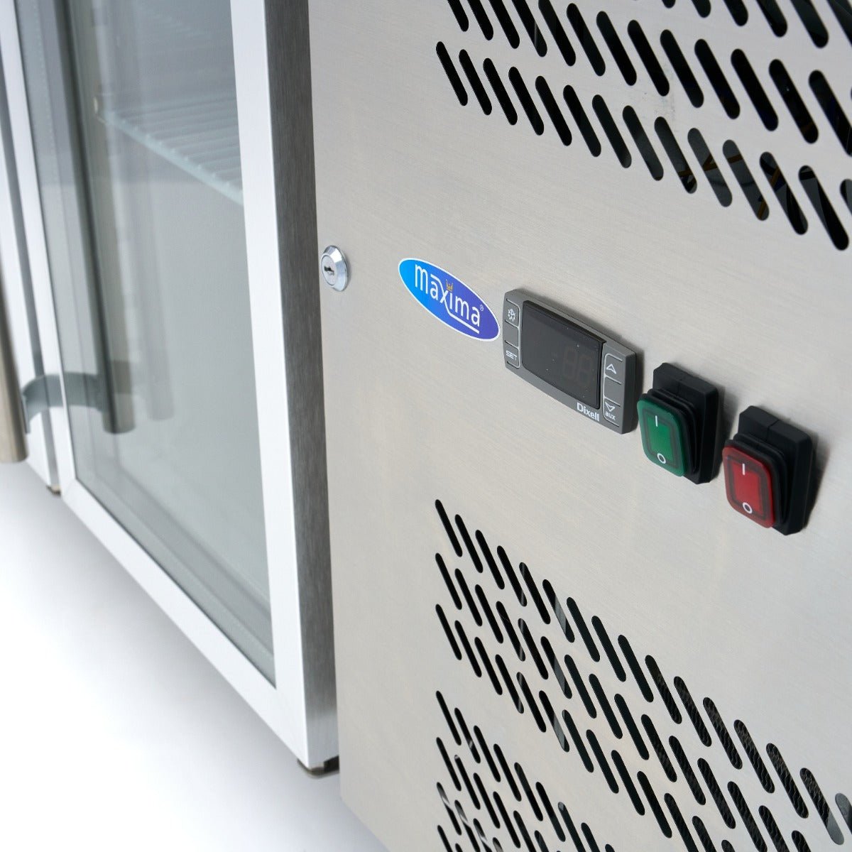 Maxima Counter Fridge 180cm Width on Wheels - 3 Glass Doors - 3 Adjustable Shelves (GN) - RVSVoordeel