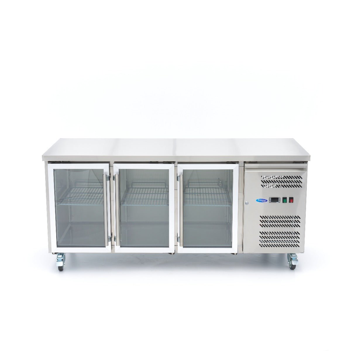 Maxima Counter Fridge 180cm Width on Wheels - 3 Glass Doors - 3 Adjustable Shelves (GN) - RVSVoordeel