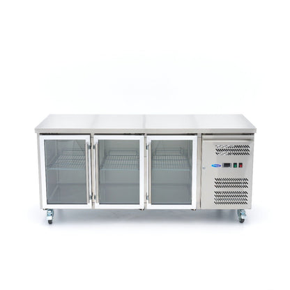 Maxima Counter Fridge 180cm Width on Wheels - 3 Glass Doors - 3 Adjustable Shelves (GN) - RVSVoordeel