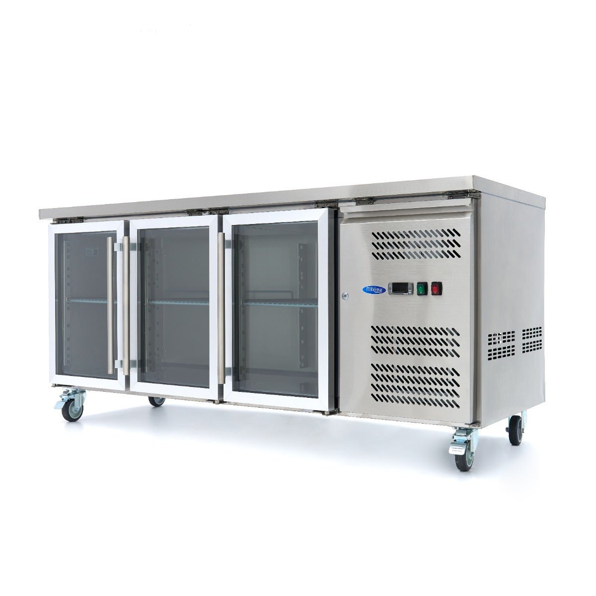 Maxima Counter Fridge 180cm Width on Wheels - 3 Glass Doors - 3 Adjustable Shelves (GN) - RVSVoordeel