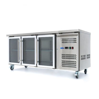 Maxima Counter Fridge 180cm Width on Wheels - 3 Glass Doors - 3 Adjustable Shelves (GN) - RVSVoordeel
