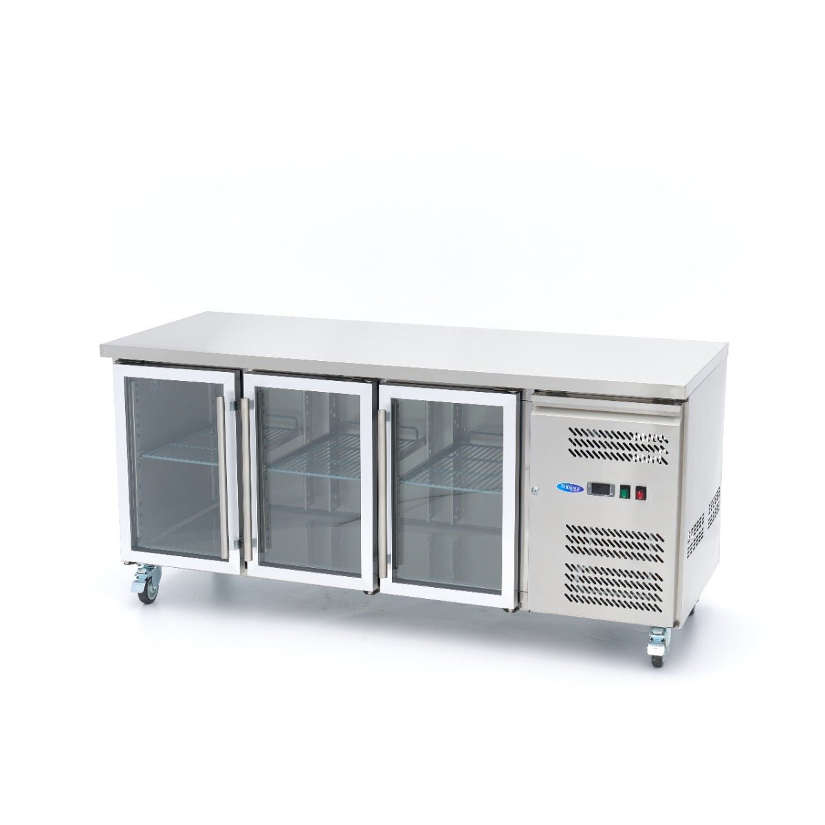 Maxima Counter Fridge 180cm Width on Wheels - 3 Glass Doors - 3 Adjustable Shelves (GN) - RVSVoordeel