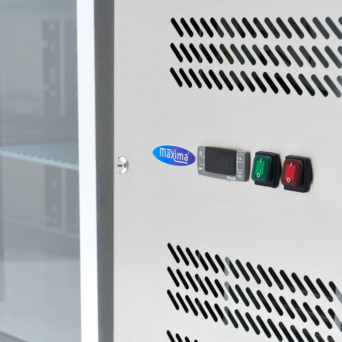 Maxima Counter Fridge 223cm Width on Wheels - 4 Glass Doors - 4 Adjustable Shelves (GN) - RVSVoordeel