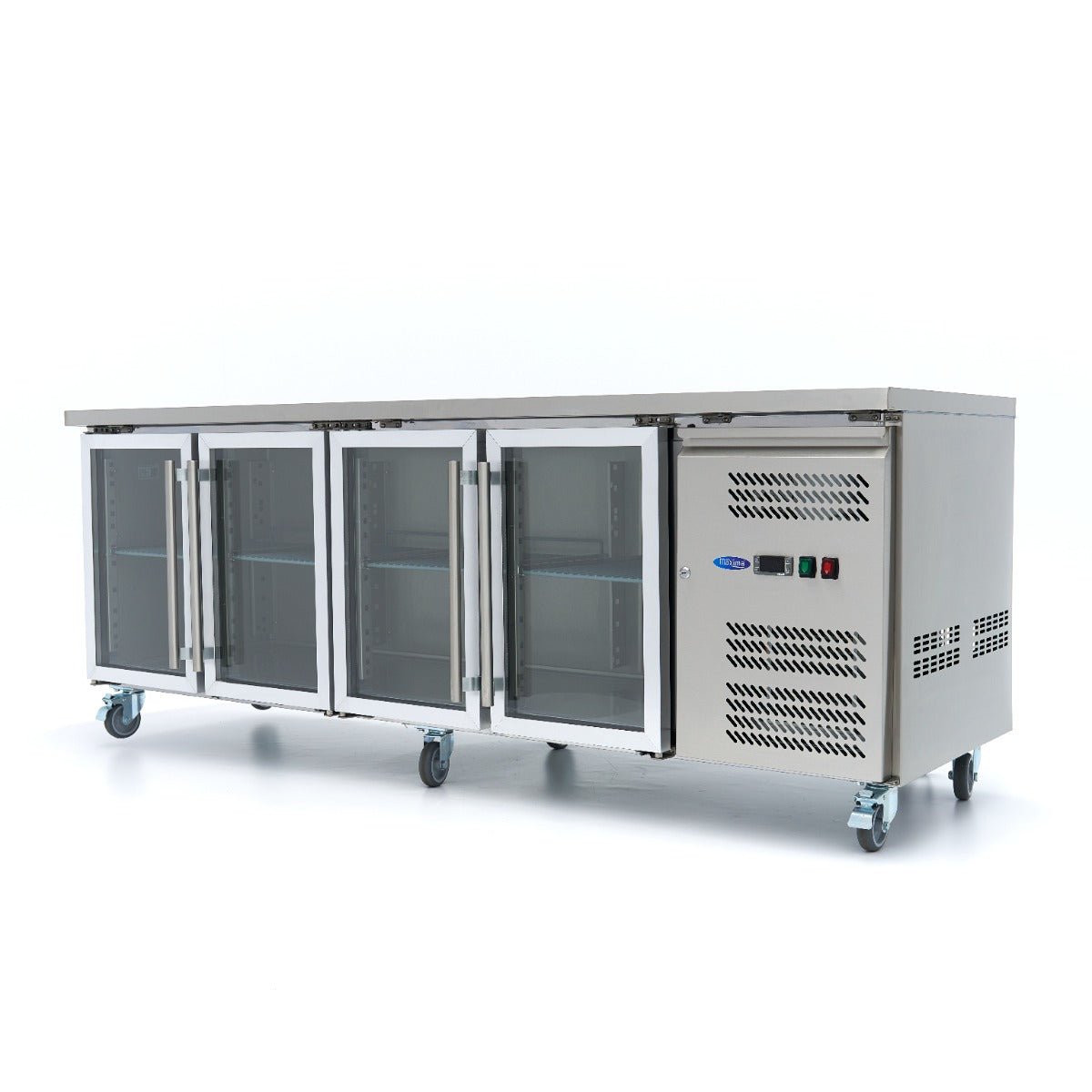 Maxima Counter Fridge 223cm Width on Wheels - 4 Glass Doors - 4 Adjustable Shelves (GN) - RVSVoordeel