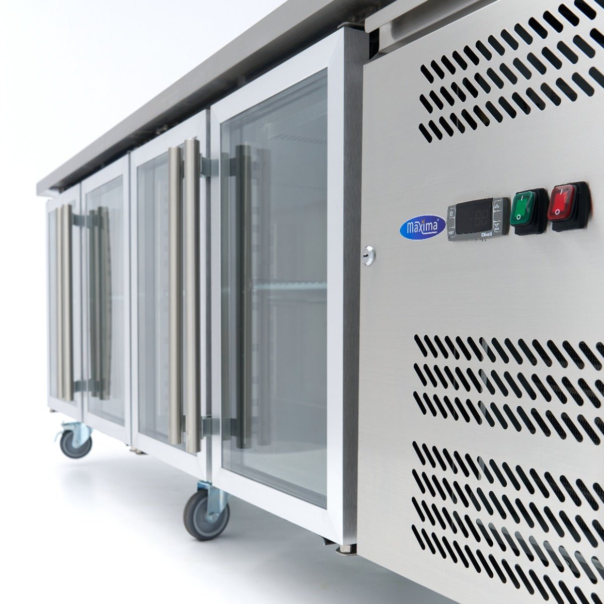 Maxima Counter Fridge 223cm Width on Wheels - 4 Glass Doors - 4 Adjustable Shelves (GN) - RVSVoordeel