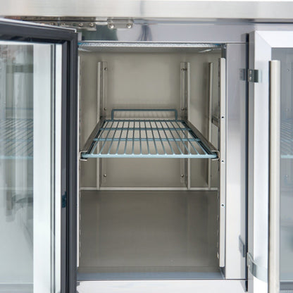 Maxima Counter Fridge 223cm Width on Wheels - 4 Glass Doors - 4 Adjustable Shelves (GN) - RVSVoordeel