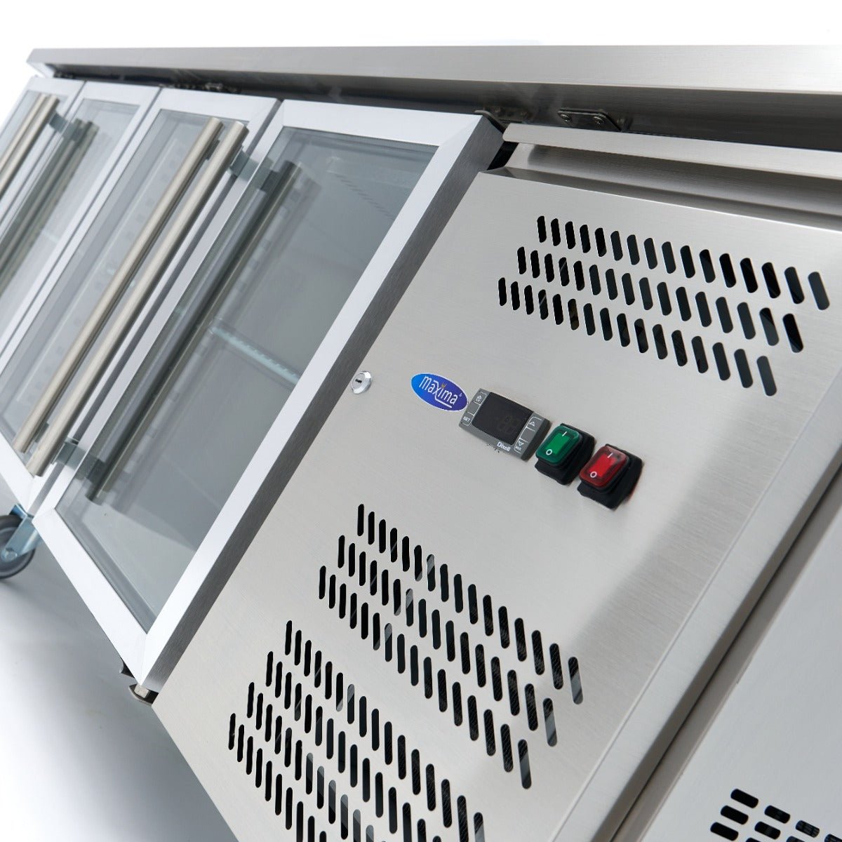 Maxima Counter Fridge 223cm Width on Wheels - 4 Glass Doors - 4 Adjustable Shelves (GN) - RVSVoordeel