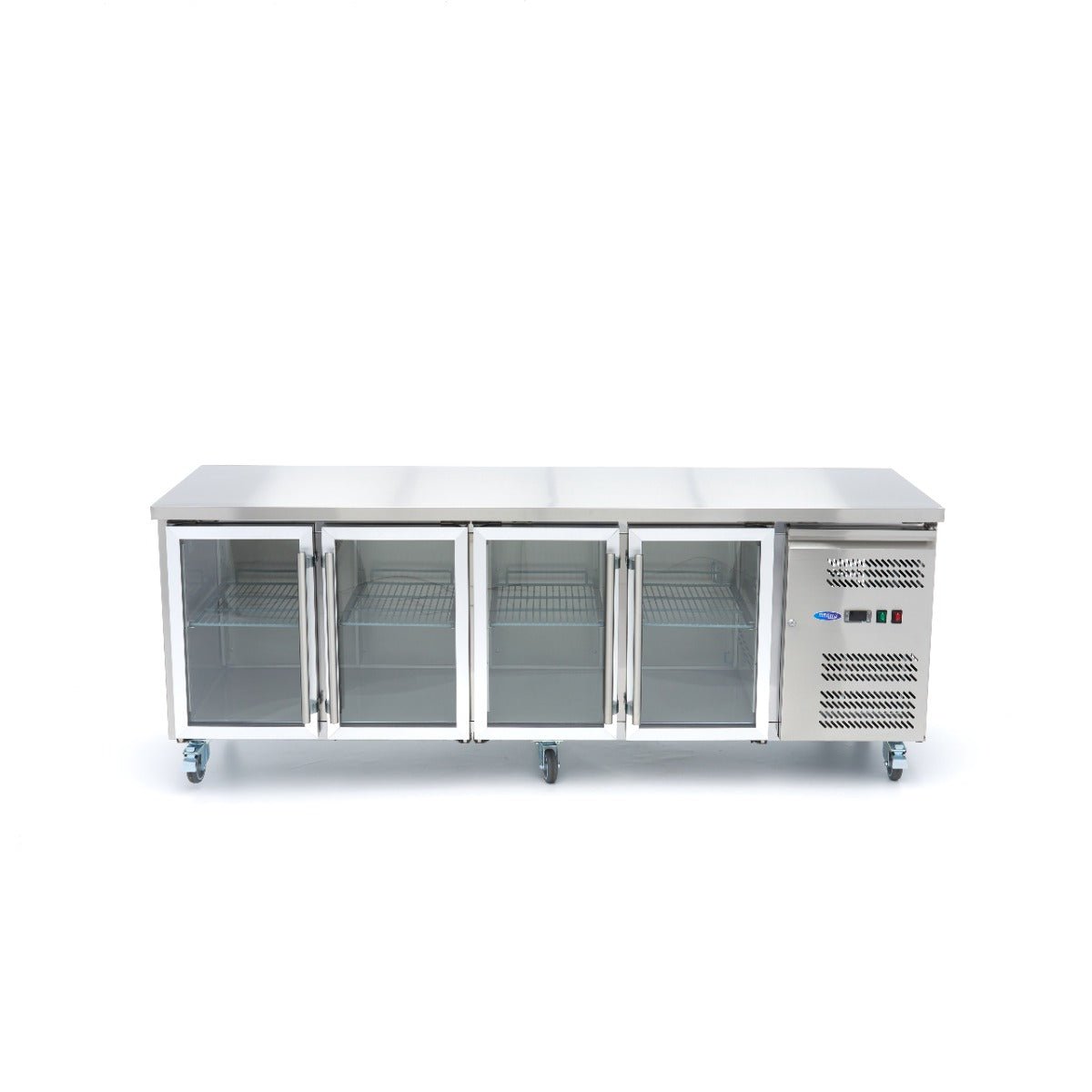 Maxima Counter Fridge 223cm Width on Wheels - 4 Glass Doors - 4 Adjustable Shelves (GN) - RVSVoordeel
