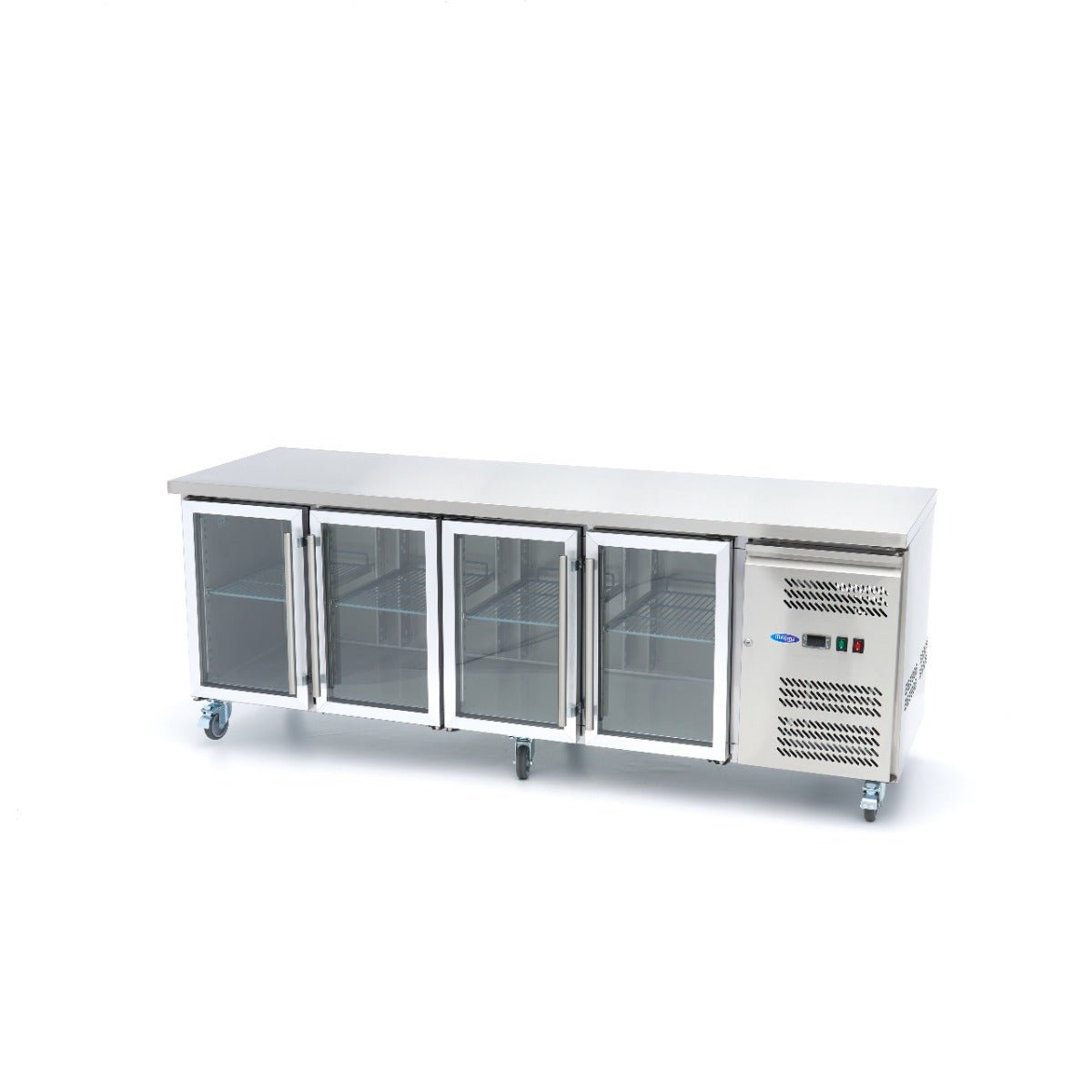 Maxima Counter Fridge 223cm Width on Wheels - 4 Glass Doors - 4 Adjustable Shelves (GN) - RVSVoordeel
