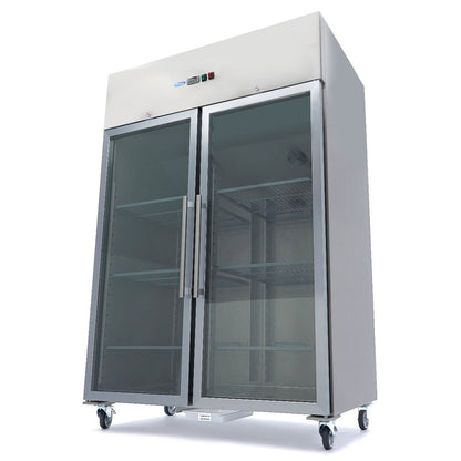 Maxima Fridge 1400L with Glass door - 6 Adjustable Shelves (2/1 GN) - on Wheels - Stainless Steel - RVSVoordeel