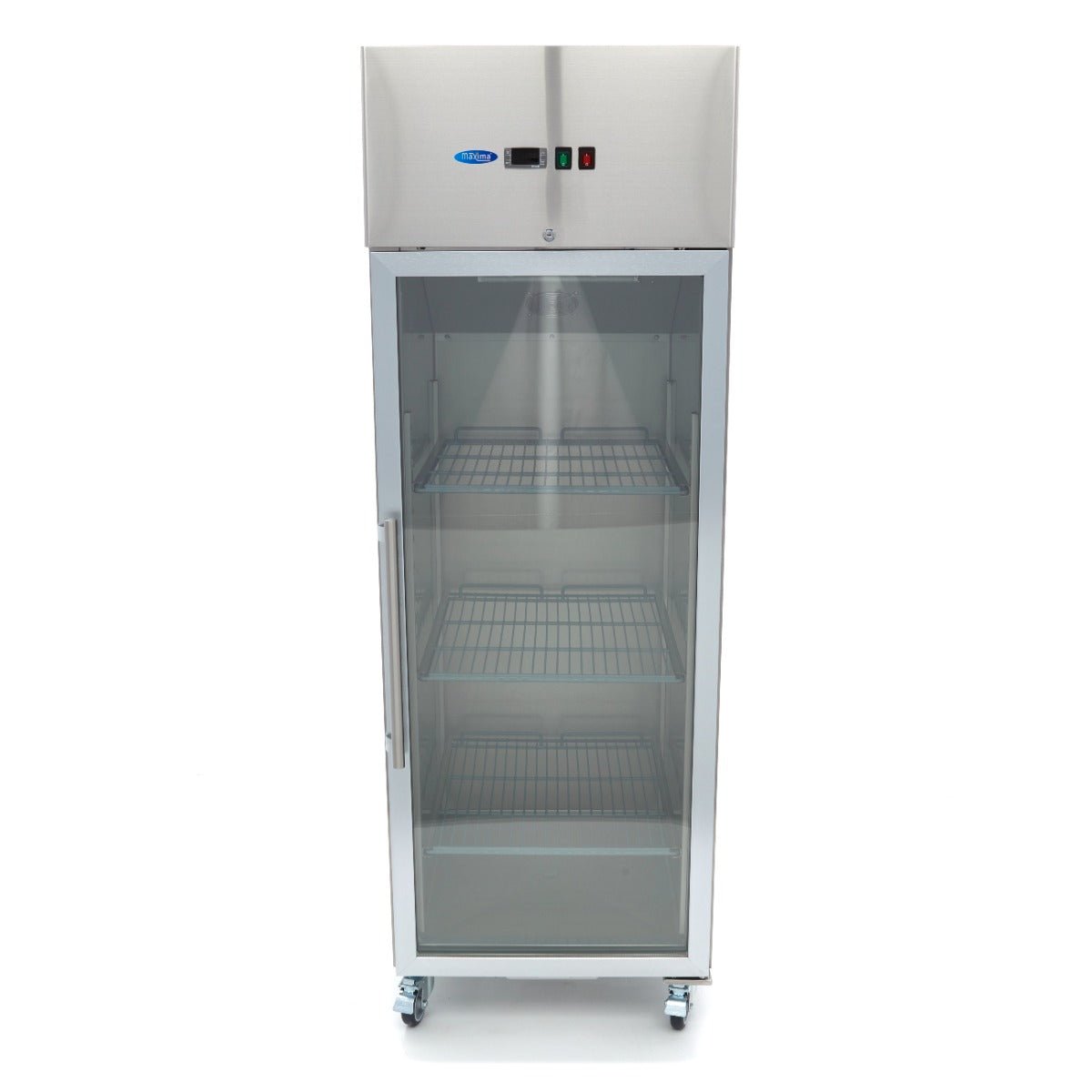 Maxima Fridge 600L with Glass door - 3 Adjustable Shelves (2/1 GN) - on Wheels - Stainless Steel - RVSVoordeel