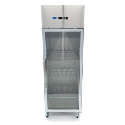 Maxima Fridge 600L with Glass door - 3 Adjustable Shelves (2/1 GN) - on Wheels - Stainless Steel - RVSVoordeel