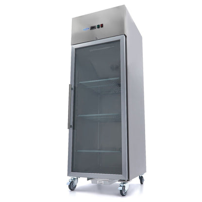 Maxima Fridge 600L with Glass door - 3 Adjustable Shelves (2/1 GN) - on Wheels - Stainless Steel - RVSVoordeel