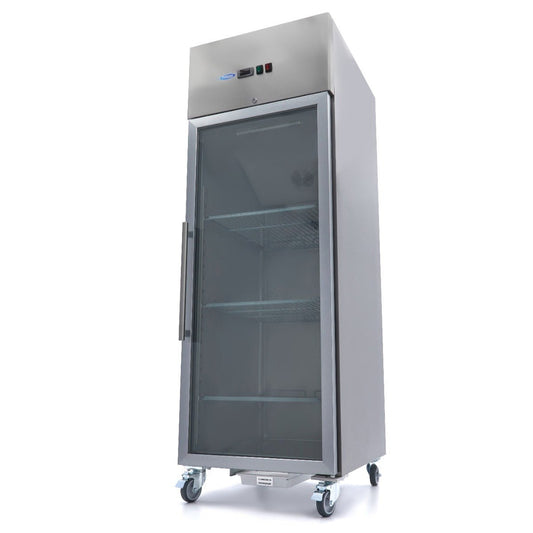 Maxima Fridge 600L with Glass door - 3 Adjustable Shelves (2/1 GN) - on Wheels - Stainless Steel - RVSVoordeel