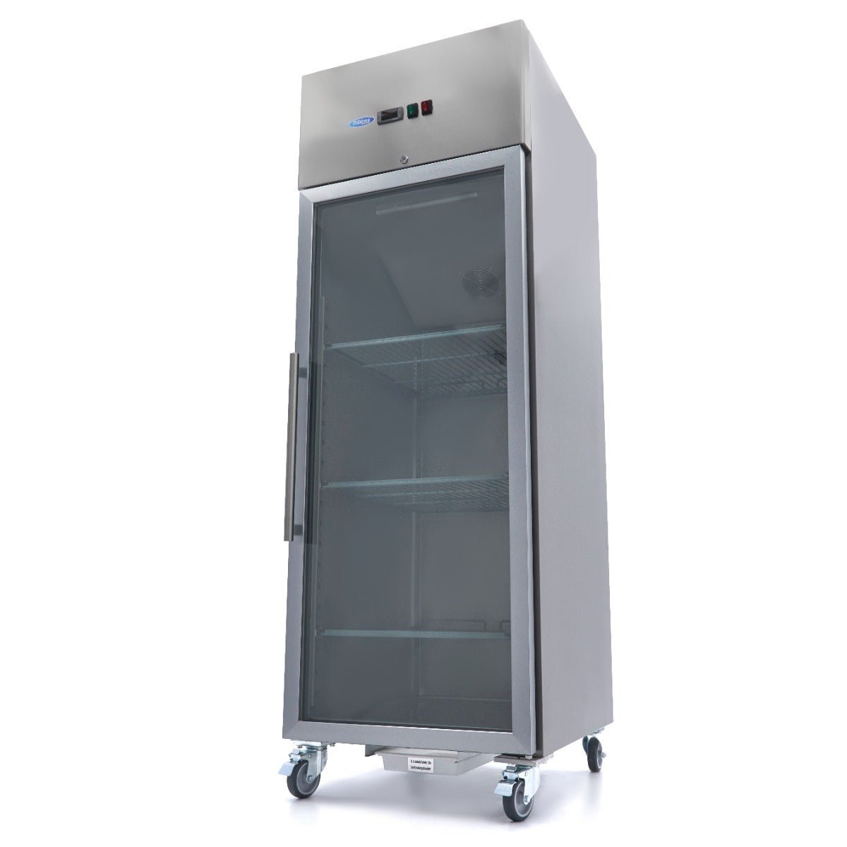 Maxima Fridge 700L with Glass door - 3 Adjustable Shelves (2/1 GN) - on Wheels - Stainless Steel - RVSVoordeel