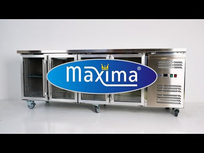 Maxima Counter Fridge 223cm Width on Wheels - 4 Glass Doors - 4 Adjustable Shelves (GN)